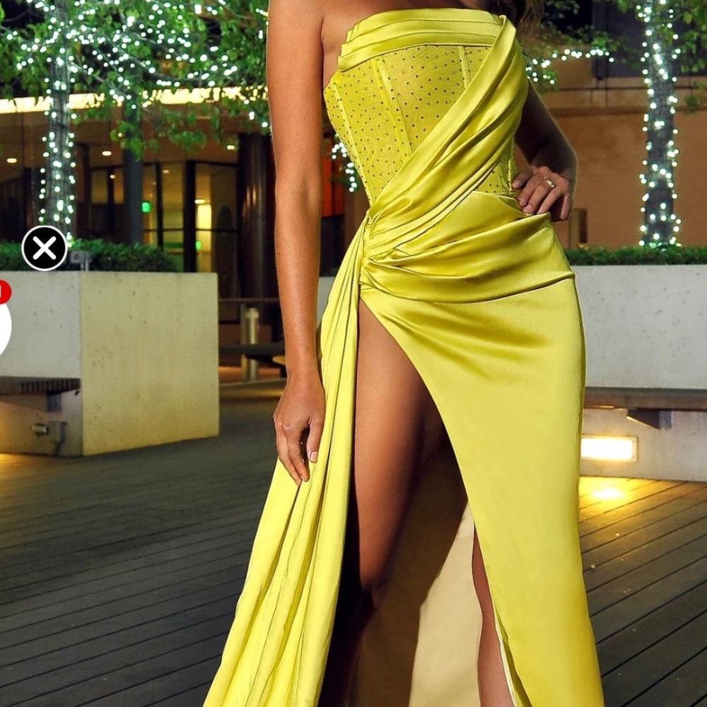 Holly Lemon Crystallized Corset High Slit Satin Gown
